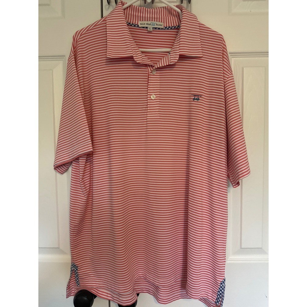 Bald Head Blues Mens Large Pink White Striped Performance Golf Polo Shirt